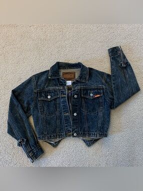 Vintage Jordache Women's Dark Wash Cropped Denim Jacket with Bows and Zippers